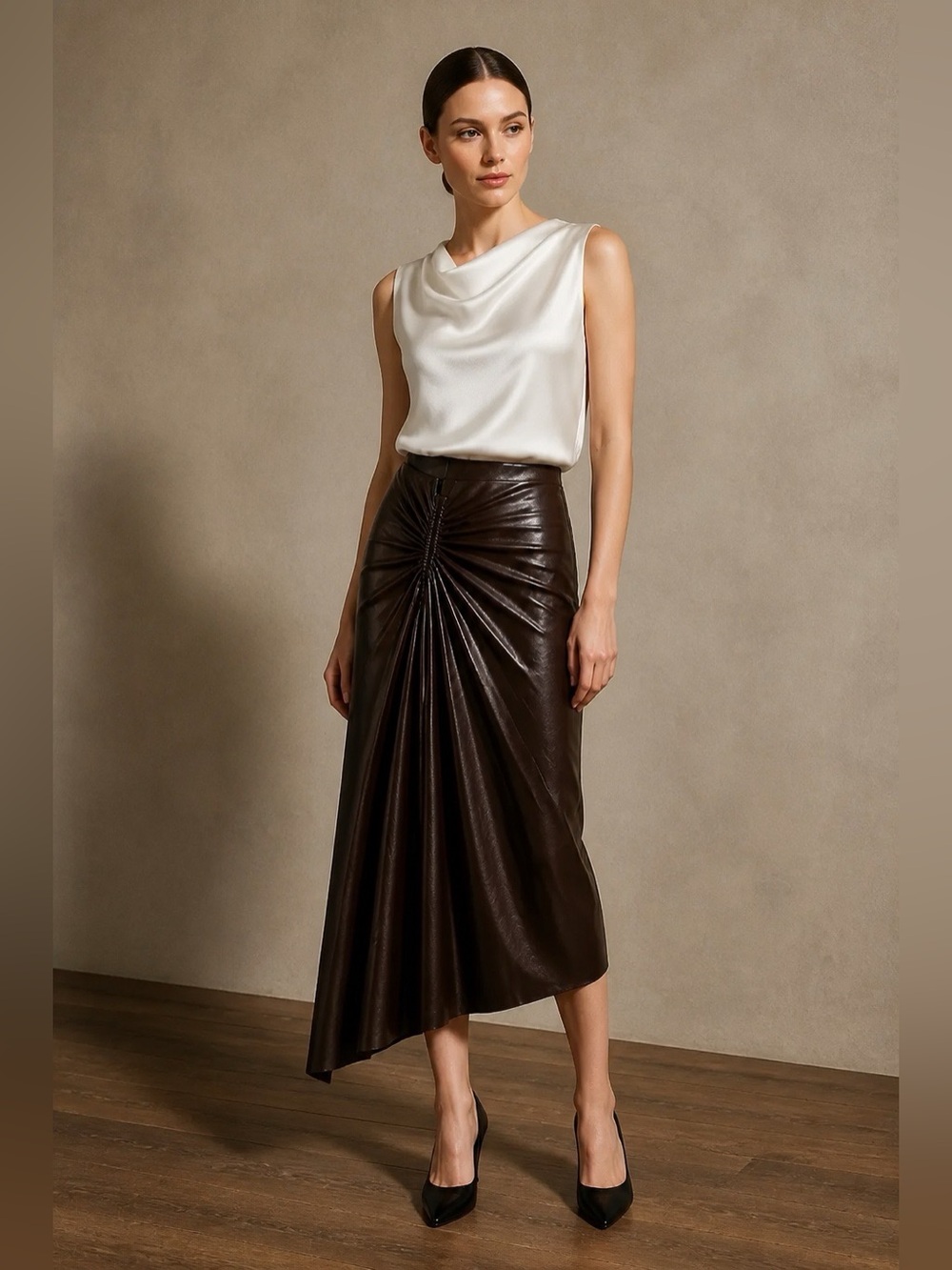 A.L.C. Dark Brown Asymmetrical Vegan Leather Midi Skirt